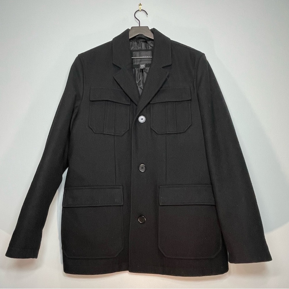 STRUCTURE Mens Black Short Wool Coat Pockets *Missing Zip Lining* Lined Size Med